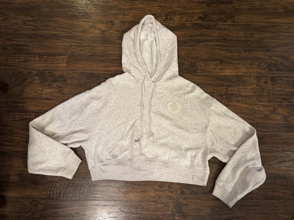 Pink Victoria's Secret Cropped Hoodie Oatmeal Beige Crest Logo Sz:S